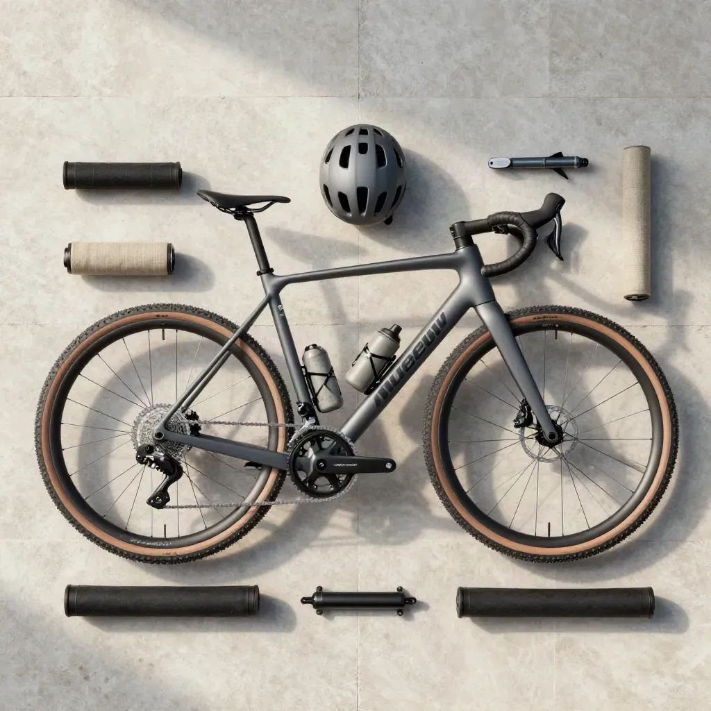 Gravelbike mit Helm und Werkzeug sauber als Flatlay auf hellem Stein von oben.