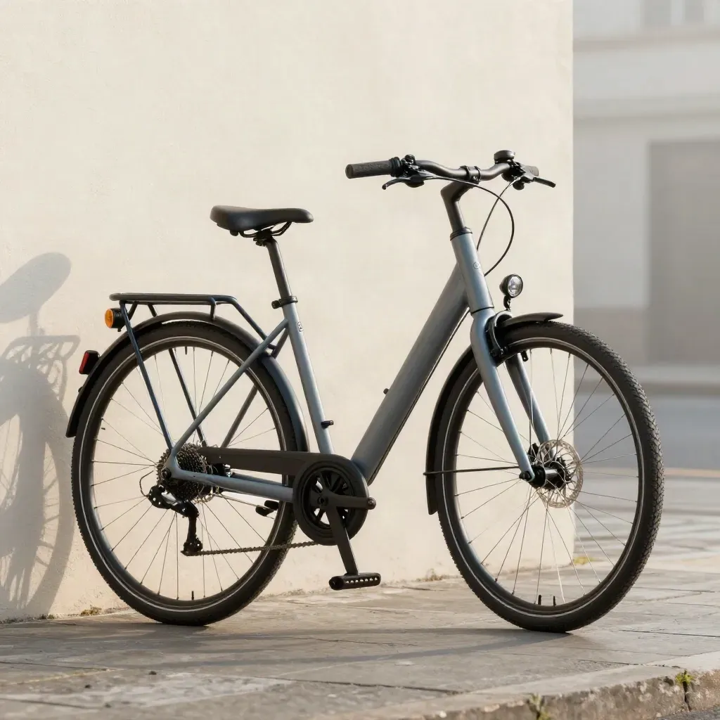 Commuter-E-Bike neben heller Wand mit Gepäckträger, Schutzblechen und leichtem Morgenhauch.