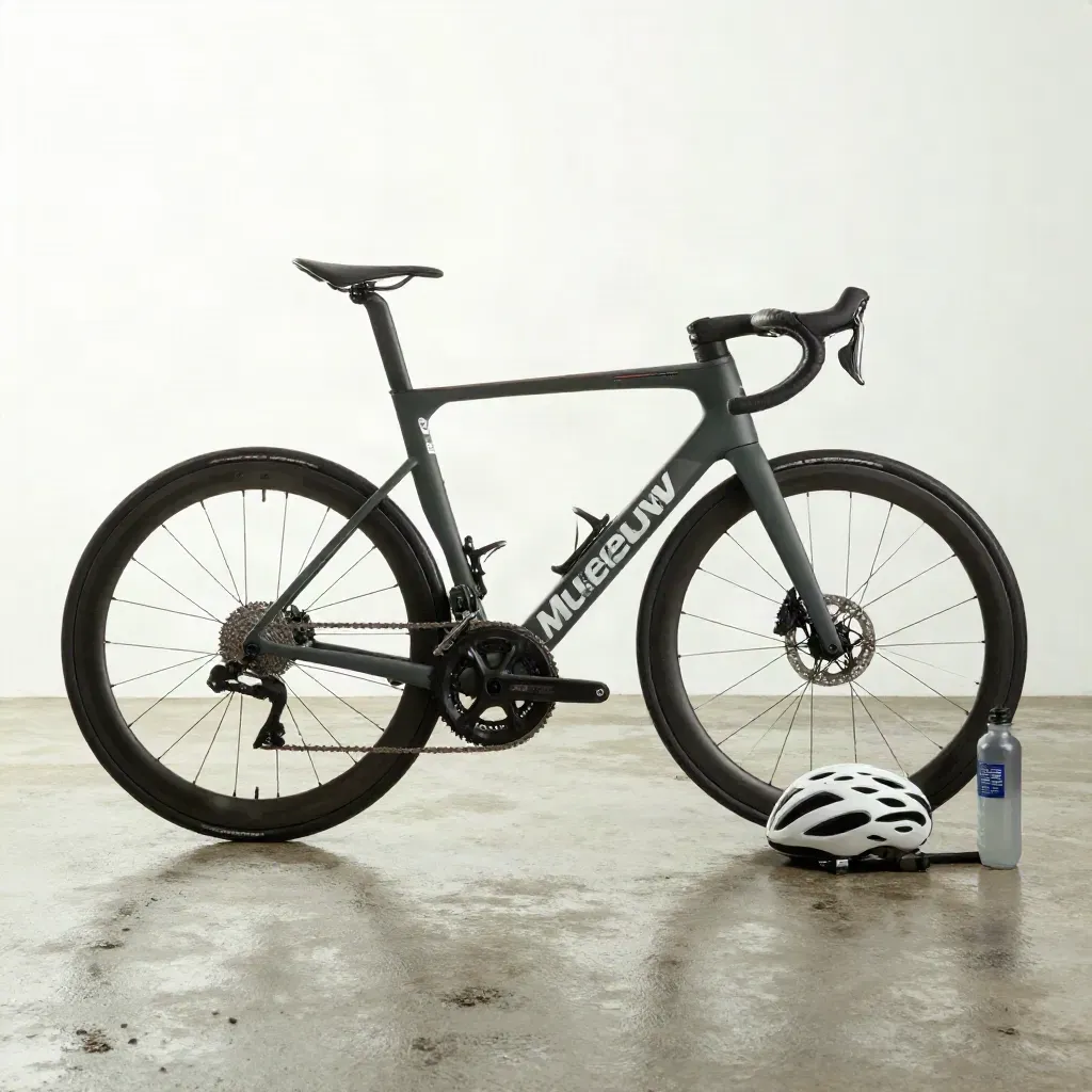 Carbon-Rennrad mit Helm, Schuhen, Flasche und Pumpe auf nassem Boden im Morgenlicht.
