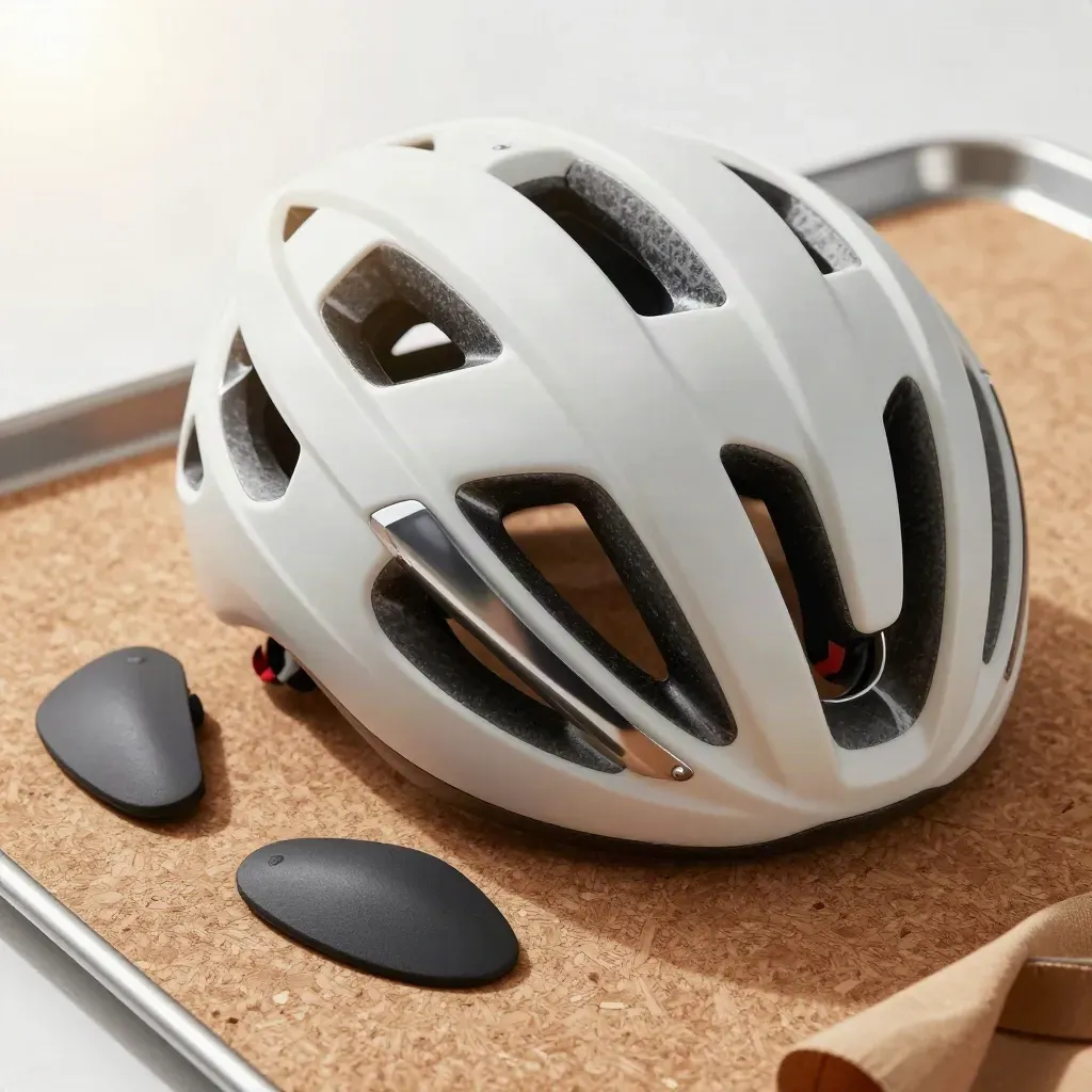 Makro eines Aero-Helms mit Polstern, Gurten und Visier auf Korkmatte.