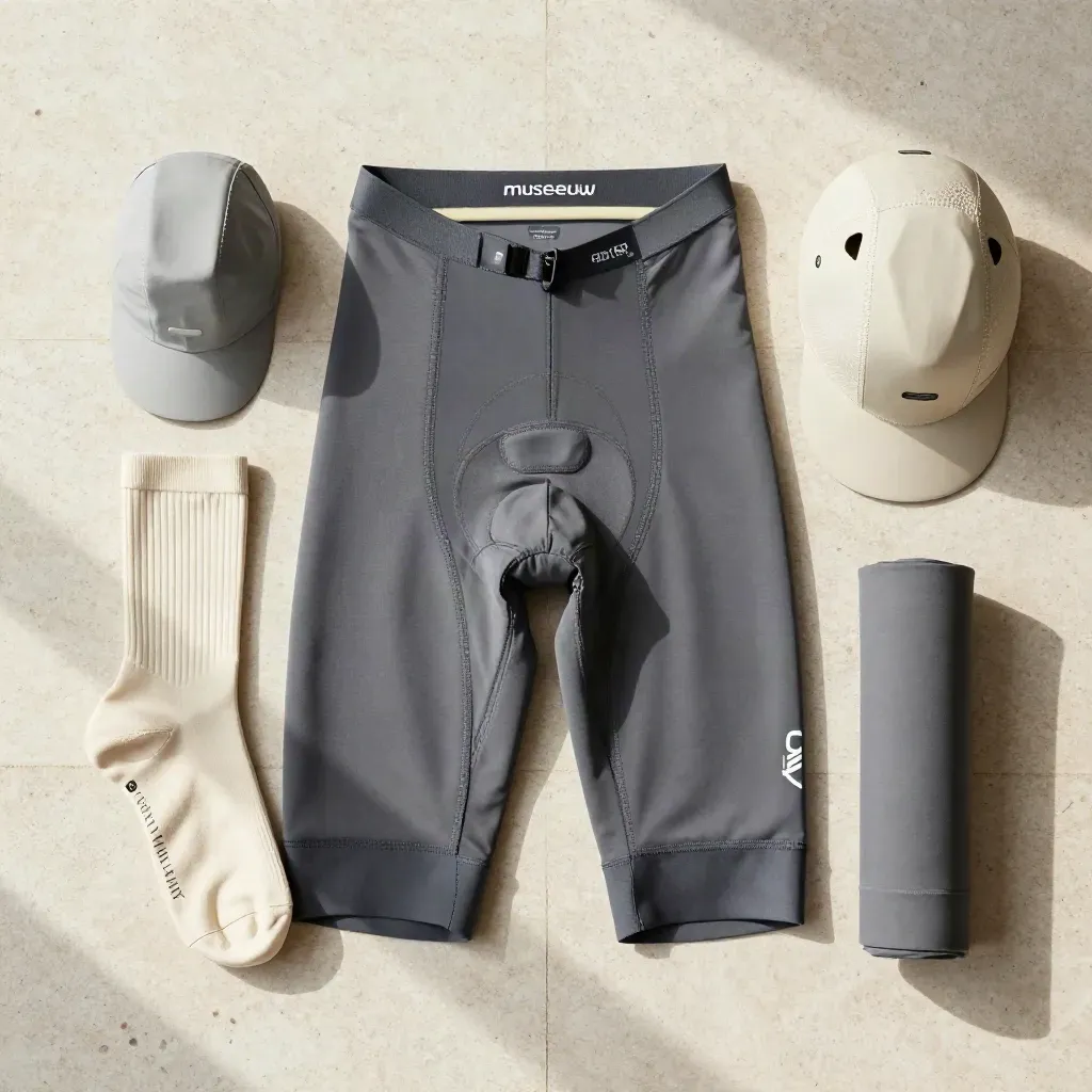 Von oben arrangierte Bib-Shorts mit Socken, Kappe und Baselayer auf hellem Stein.