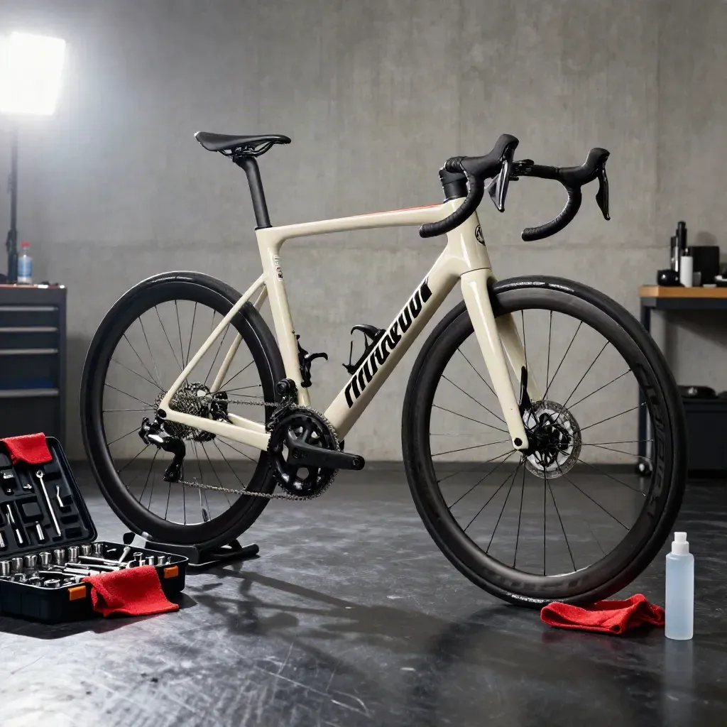 Sportliches Rennrad im Service-Check mit Werkzeugkasten, roten Tüchern und Ersatzrad im Studio.