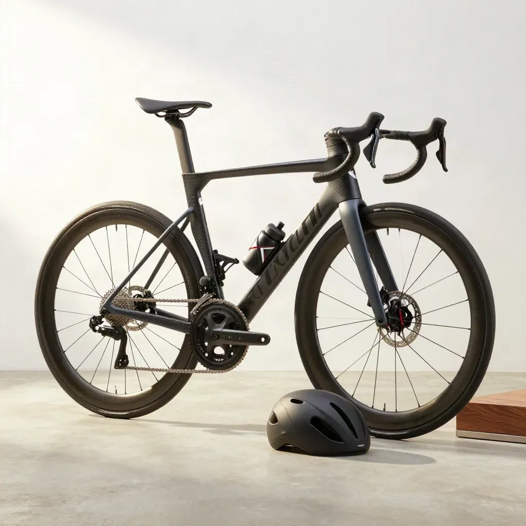 Carbon-Aero-Rennrad mit Helm und Trinkflasche im hellen Studio auf Beton.