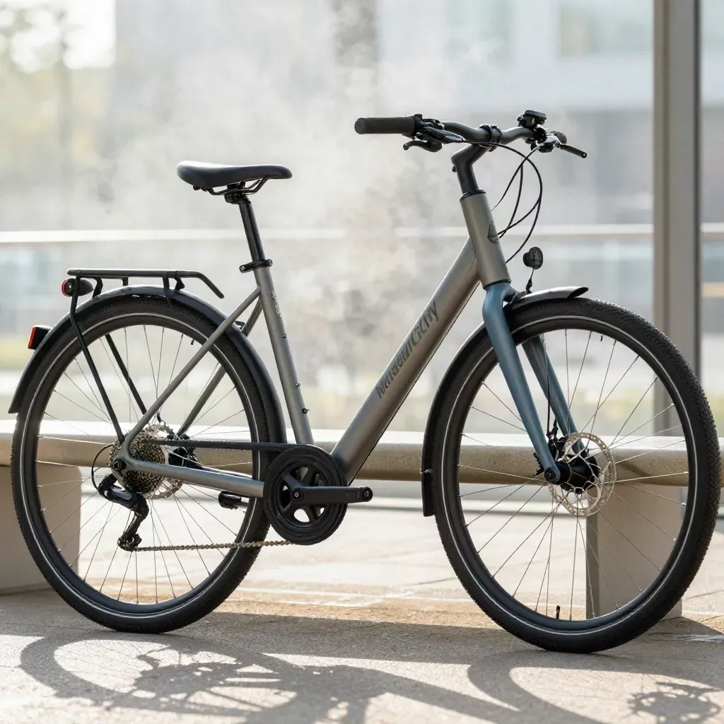 Step-through E-Bike neben Bank in heller Halle mit Regenschutz