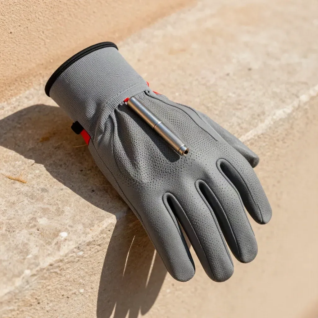 Nahaufnahme von Sommer-Handschuhen, Lenkerband und Mini-Pumpe auf hellem Stein