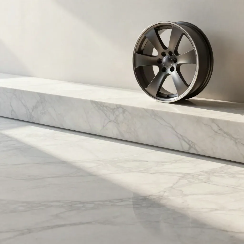 Carrara-Marmor mit Laufrad, Helm-Silhouette und weichem Morgenlicht im Showroom.