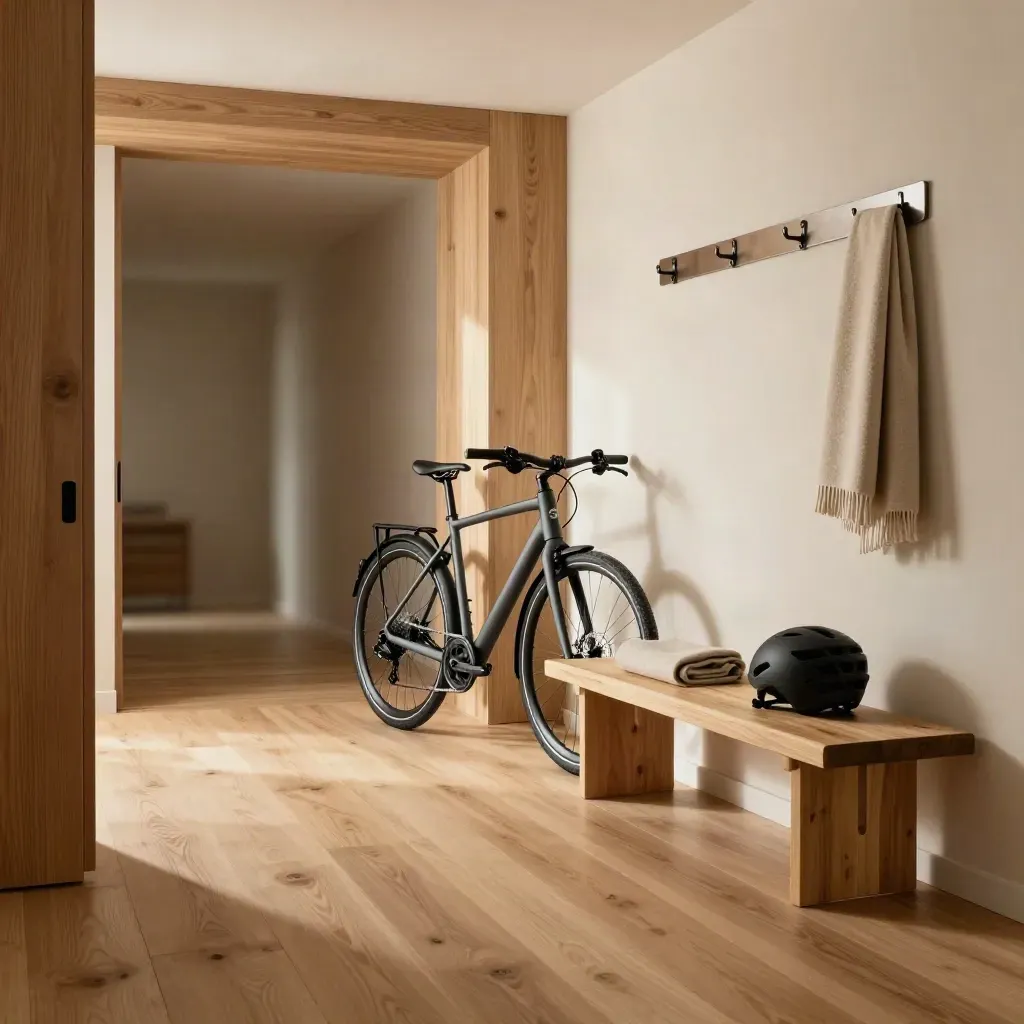 E-Bike im warmen Holz-Entrée mit Bank, Haken, Decke und Fensterlicht